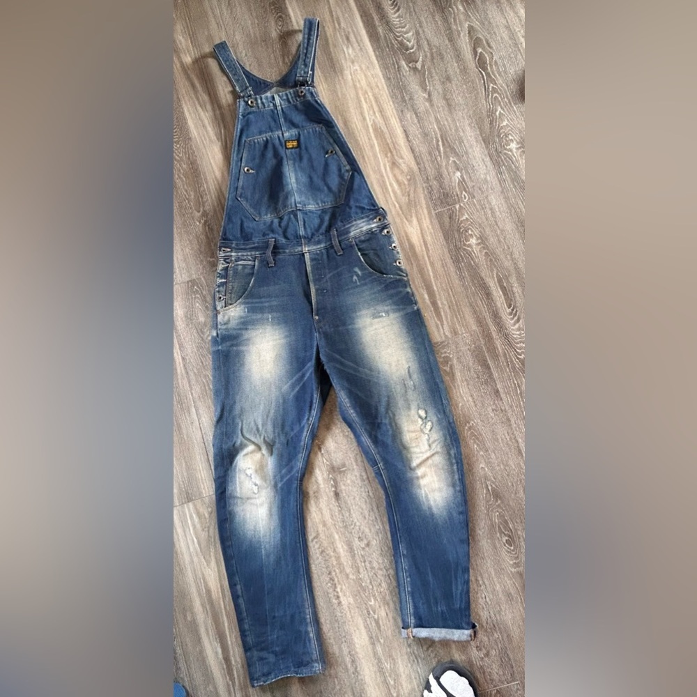 G-Star Men's Distressed Blue Denim Overalls